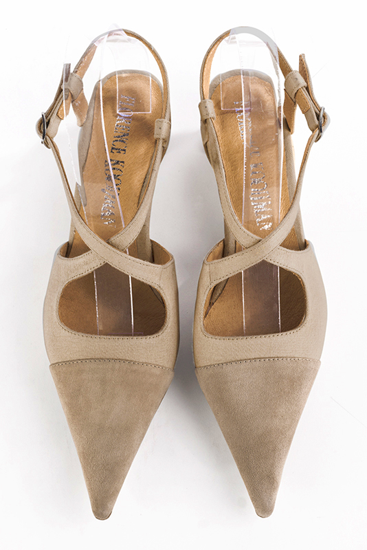 Tan beige women's open back shoes, with crossed straps. Pointed toe. Low kitten heels. Top view - Florence KOOIJMAN